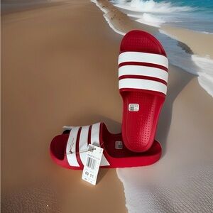Adidas Adilette Flow Men’s Size 10 Sandals. Red/White Stripes. New with Tags